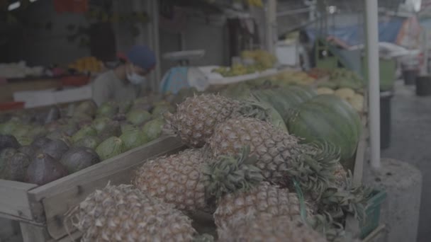 有菠萝和鳄梨的水果摊开了 — 图库视频影像