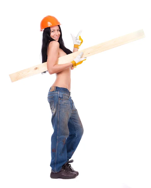 Chica topless en ropa de trabajo en el casco naranja — Foto de Stock
