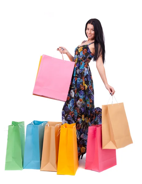 Belle fille avec des sacs à provisions — Photo