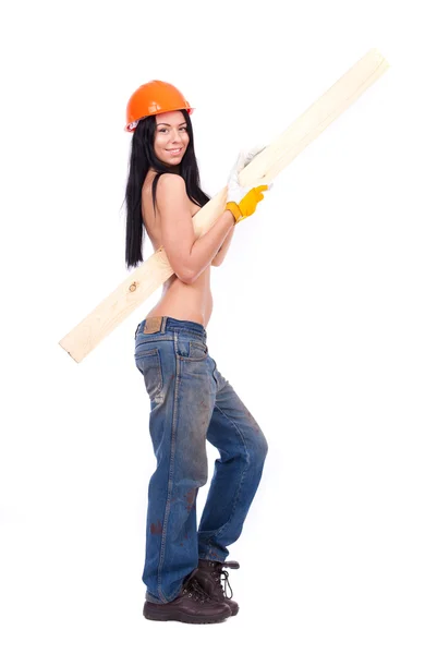 Chica topless en ropa de trabajo en el casco naranja — Foto de Stock