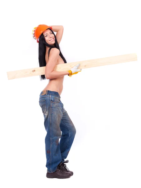 Topless girl in working clothes in the orange helmet — Stock Photo, Image