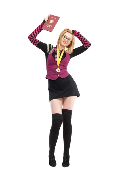 Schoolgirl with a high school diploma on a white background — Stock Photo, Image