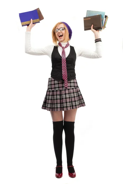 kız beyaz bir arka plan üzerinde duran kitaplar