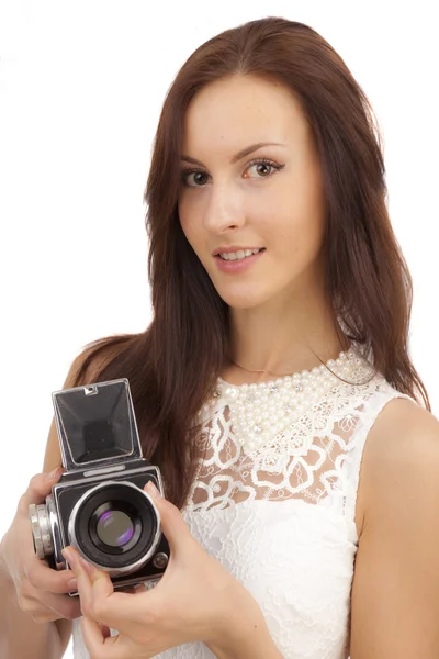Meisje met een oude camera — Stockfoto
