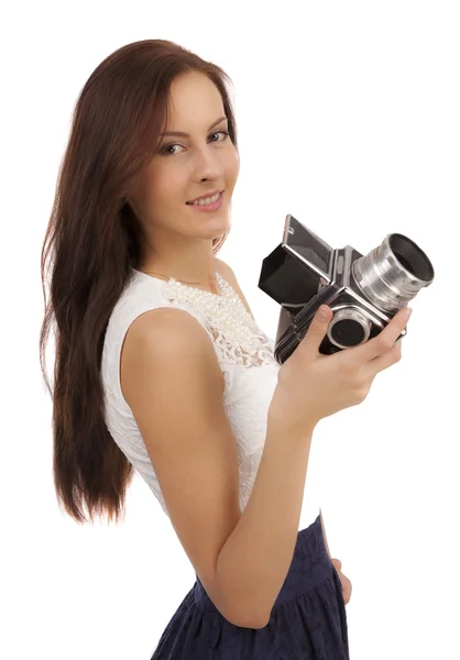 Chica con una vieja cámara — Foto de Stock