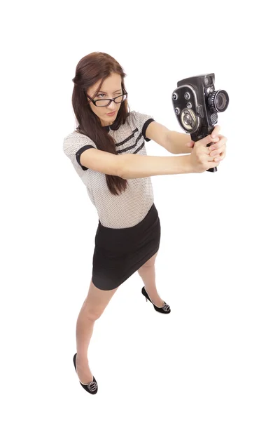 Girl with old movie camera — Stock Photo, Image