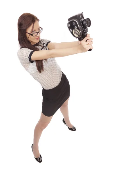 Girl with old movie camera — Stock Photo, Image