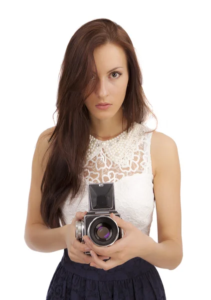 Meisje met een oude camera — Stockfoto