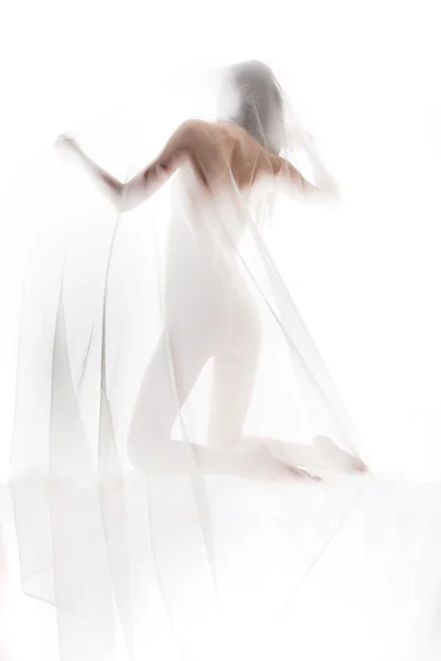 Naakt meisje bedekt met transparante doek — Stockfoto
