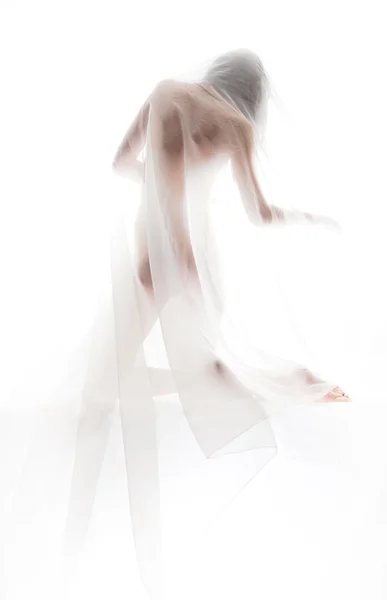 Голая девушка, покрытая прозрачной тканью — стоковое фото