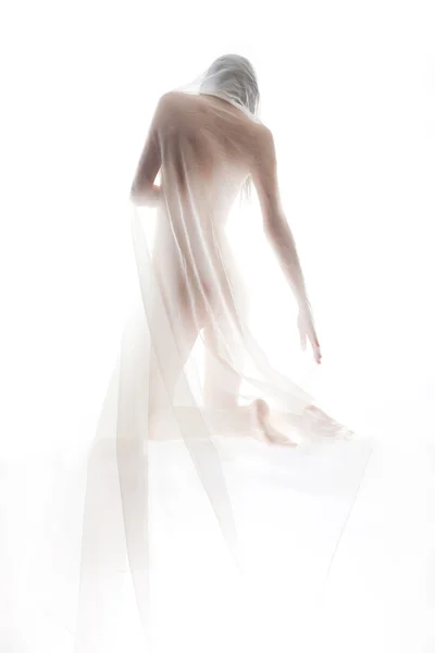 Naakt meisje bedekt met transparante doek — Stockfoto