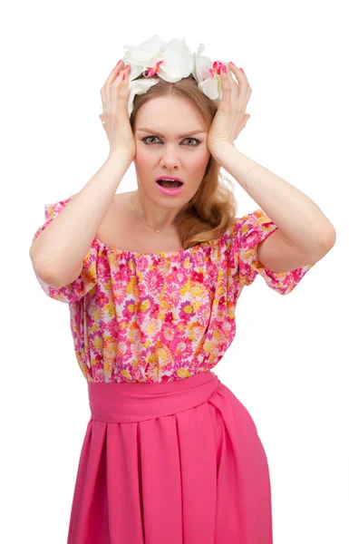 Beautiful girl wearing a wreath of flowers — Stock Photo, Image