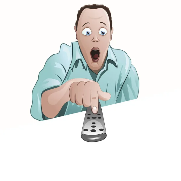 Uzaktan kumandayla televizyon izleyen heyecanlı adam.   