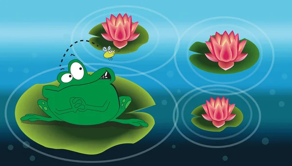 Illustratie van een kikker boven het water lilly — Stockvector