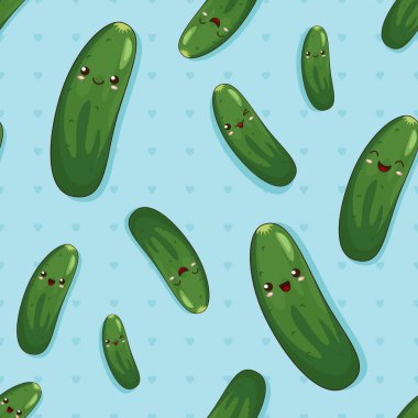 Gülen ve gülen tatlı kawaii çizgi filmindeki farklı yüz ifadeleri olan salatalıklar. Küçük ve büyük emoji salatalıkları, sebzeler ve kalplerle kusursuz bir arka plan.