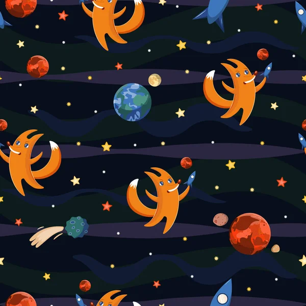 Cute cartoon baby-fox is holding a toy spaceship, rocket and dreaming about space trip to Mars, seamless vector background for kids about Mars and space. Fox is flying among stars in outer space to Mars.