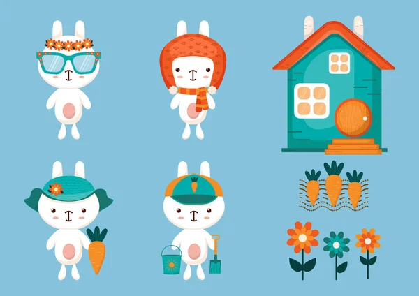 Coleção Vetorial Coelhos Bonitos Desenhos Animados Estilo Kawaii Uma Casa —  Vetores de Stock