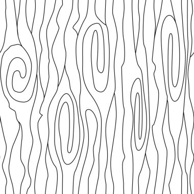 Ahşap dokunun kusursuz vektör deseni. Bir tahtanın yüzeyindeki soyut dalgalar, çizgiler ve elipsler. Kereste dokusuna sahip siyah beyaz arkaplan.