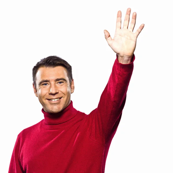 Caucásico hombre saludando aclamando gesto estudio retrato en aislado blanco backgound —  Fotos de Stock