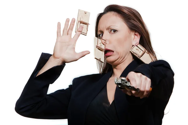 Portrait of beautiful afraid expressive woman mouse hunting — Stock Photo, Image