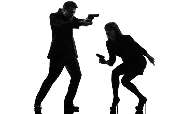 Couple woman man detective secret agent criminal silhouette — Stock Photo, Image