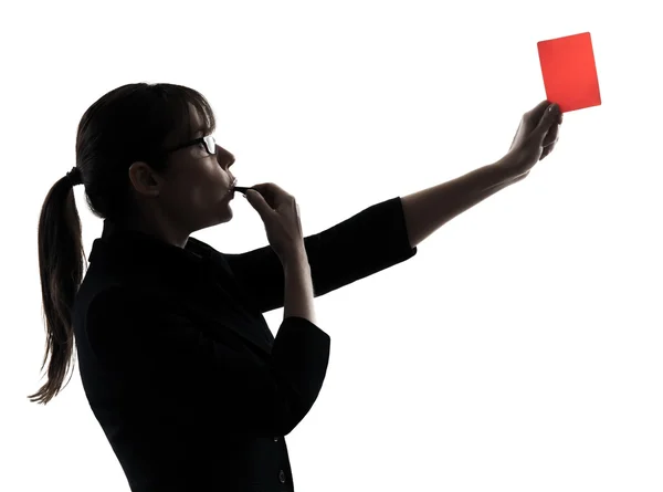 Mujer de negocios silbando mostrando silueta de tarjeta roja —  Fotos de Stock