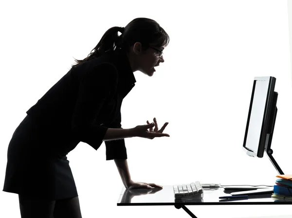 Üzleti nő számítógép számítástechnika súlyos sziluett — Stock Fotó