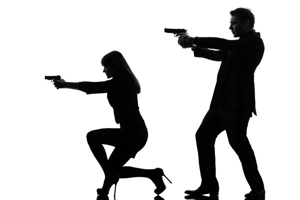 Couple woman man detective secret agent criminal silhouette
