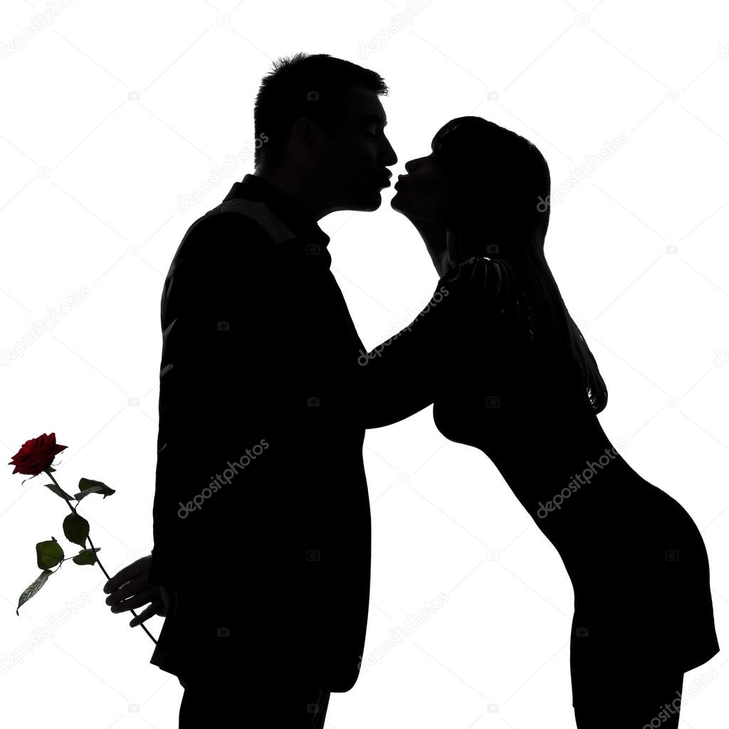 one couple man hiding rose flower and woman kissing