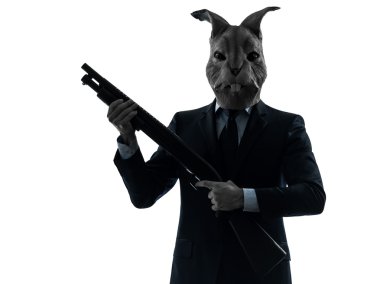 man with rabbit mask hunting with shotgun silhouette portrait clipart
