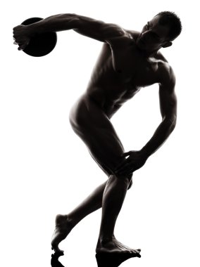 handsome naked muscular man exercising discobolus silhouette clipart