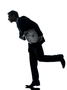 Business man holding clock robbing time silhouette clipart