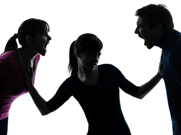 Family father mother daughter dispute screaming silhouette — Stock Photo, Image