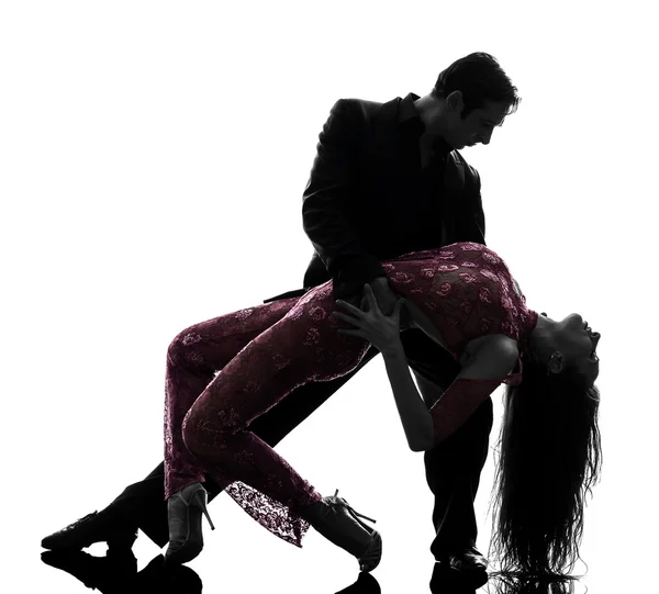Pár muž žena sál tanečníci tangoing siluetu — Stock fotografie