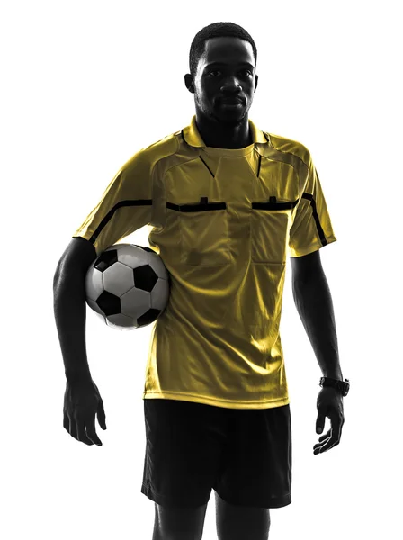 One african man referee standing holding football silhouette — Stock Photo, Image