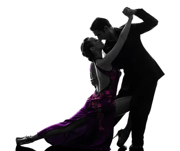 Couple man woman ballroom dancers tangoing silhouette — Stock Photo, Image