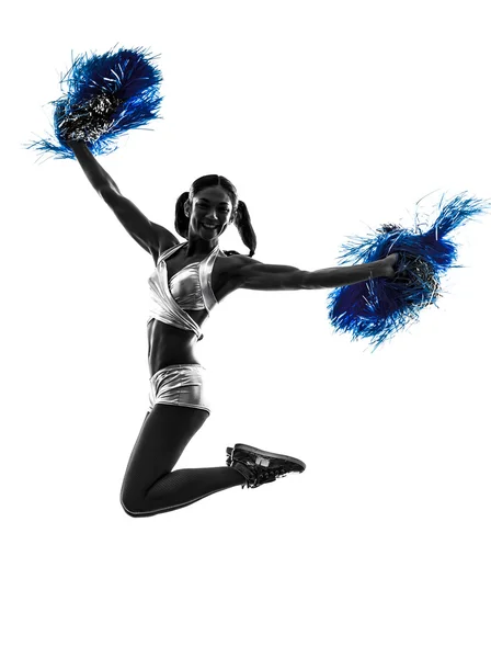 Jovem mulher cheerleader cheerleading silhueta — Fotografia de Stock