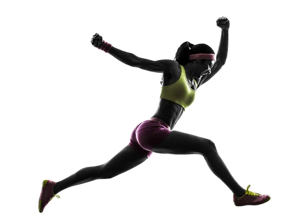Žena běžec běží jumping křik silueta — Stock fotografie