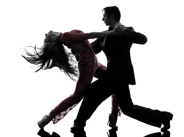 Couple man woman ballroom dancers tangoing silhouette — Stock Photo, Image
