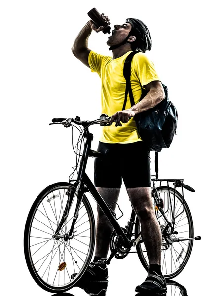 Homem bicicleta montanha bicicleta bebendo silhueta — Fotografia de Stock