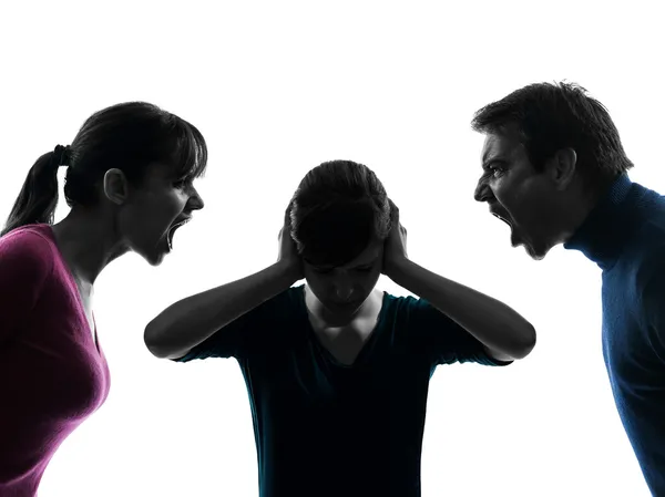 Family father mother daughter dispute screaming silhouette — Stock Photo, Image