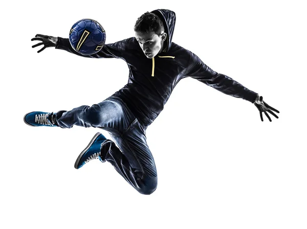 Young man soccer freestyler player silhouette — Stock Photo, Image