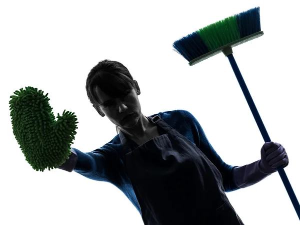 Woman maid housework brooming stop gesture silhouette — Stock Photo, Image