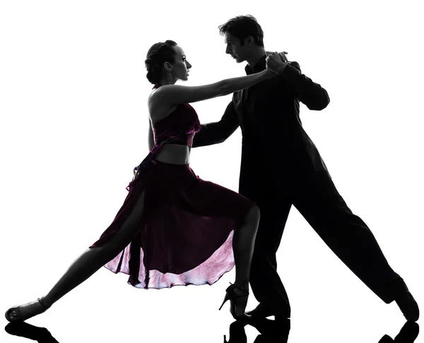 Coppia uomo donna sala da ballo ballerini tangoing silhouette — Foto Stock