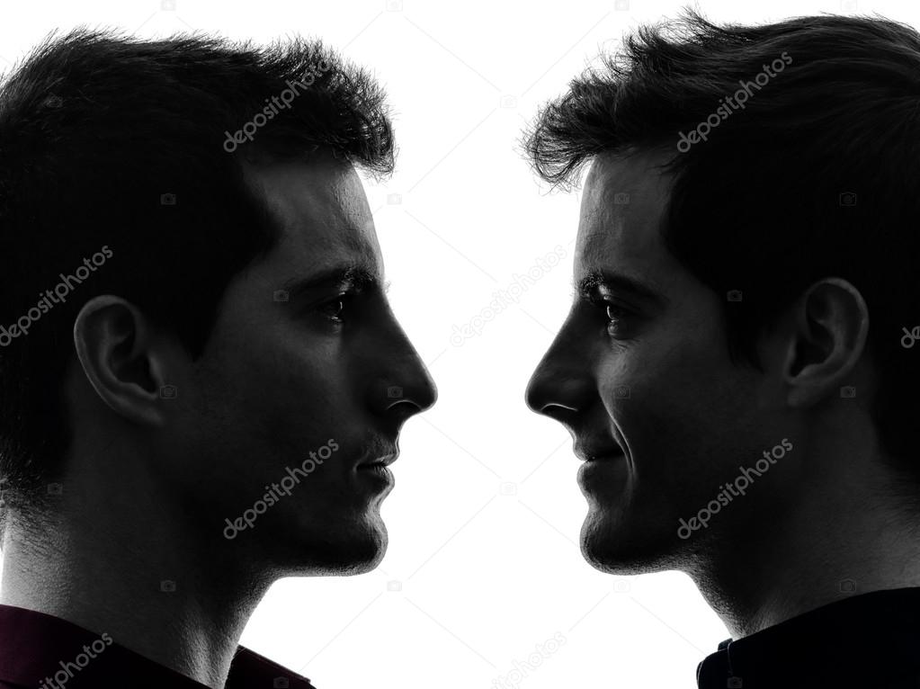 close up portrait two men twin brother friends silhouette