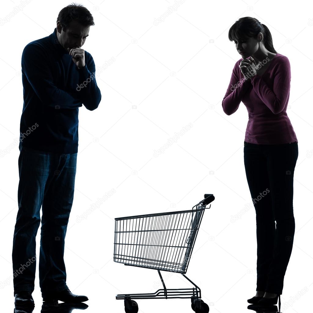 Couple woman man sad with empty shopping cart silhouette