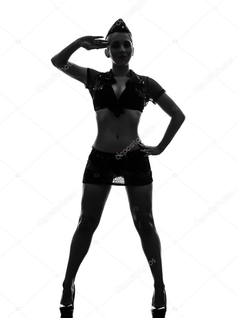 sexy woman in army uniform saluting silhouette