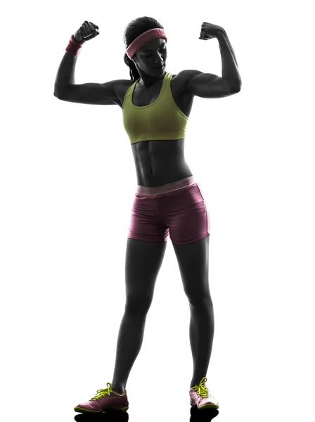 Donna che esercita fitness flessione muscoli silhouette — Foto Stock
