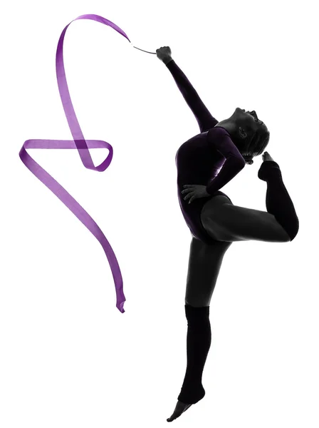 Rytmická gymnastika s stuha ženská silueta — Stock fotografie