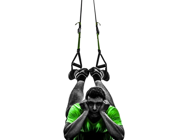 Man exercising suspension training trx tired pouting silhouette — Stock Photo, Image